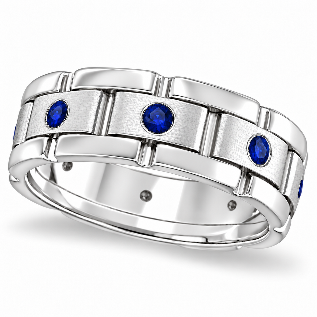 UB1253 6.5mm 14k white gold blue sapphire wedding band, reverse-oblique hero with gentle tilt and soft shadow