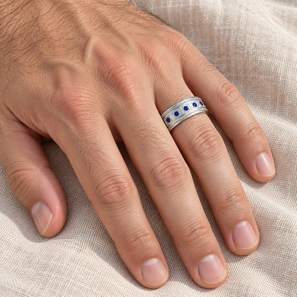 Blue Sapphire Ring for Men Wedding Band 14k White Gold (0.80ct) — Male hand wearing wedding band