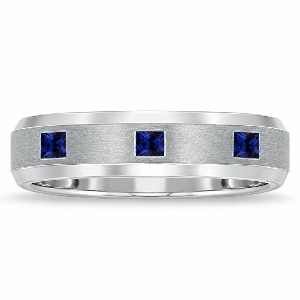 Princess-Cut Sapphire Ring for Men Wedding Band Palladium (0.80ct) - Front view