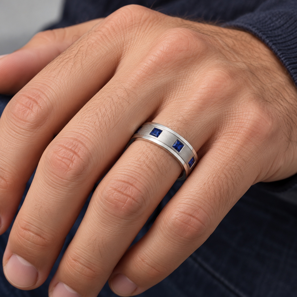Princess-Cut Sapphire Ring for Men Wedding Band Palladium (0.80ct) - Male hand wearing 6 mm band