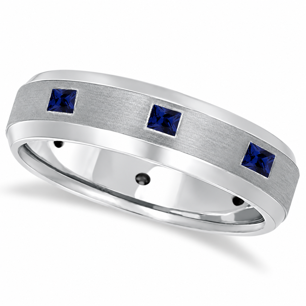 Princess-Cut Sapphire Ring for Men Wedding Band Palladium (0.80ct) - Product view on white