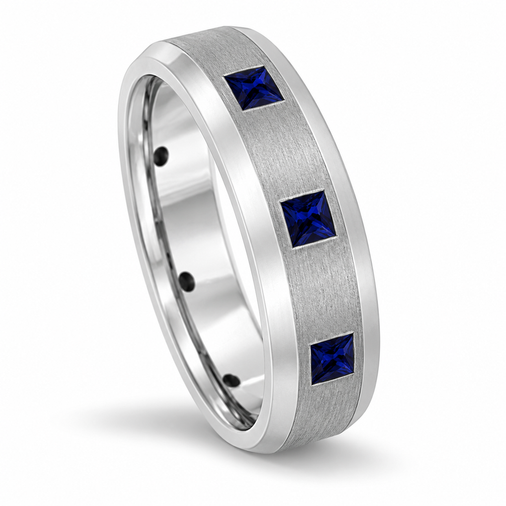 Princess-Cut Sapphire Ring for Men Wedding Band Palladium (0.80ct) - Upright side view