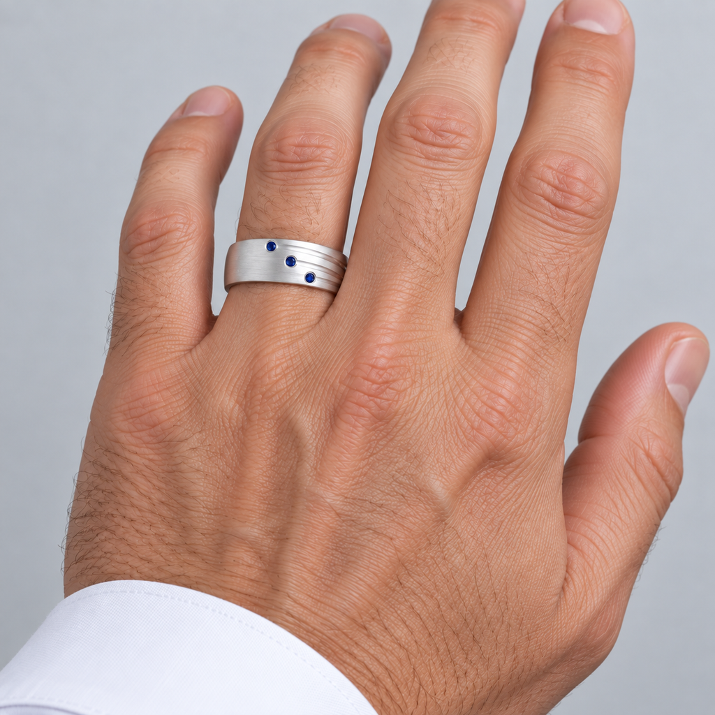 Mens Shooting Star Blue Sapphire Wedding Ring Band 14k White Gold (0.15ct) — male hand