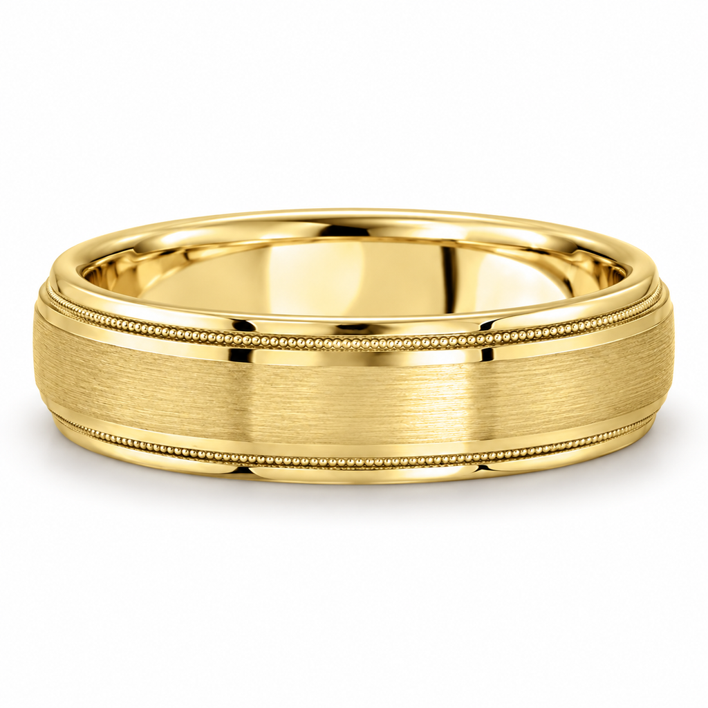 Carved 5mm 18k yellow gold men's wedding band - front view