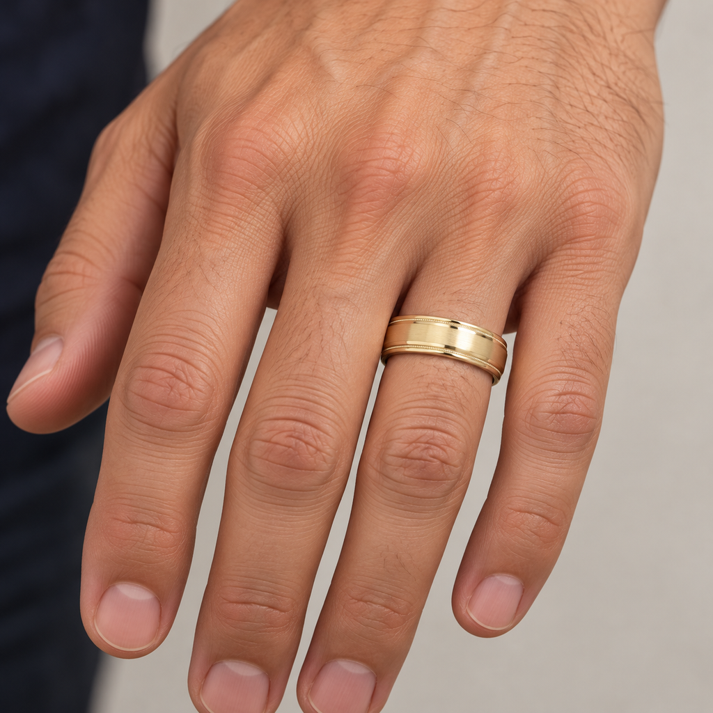 Carved 5mm 18k yellow gold men's wedding band - male hand