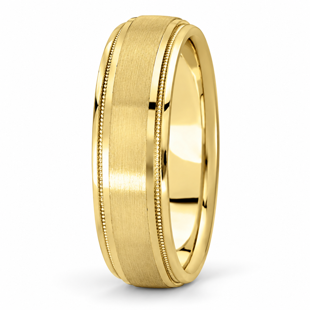 Carved 5mm 18k yellow gold men's wedding band - upright view