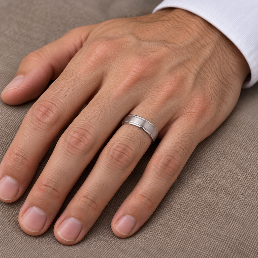 Carved Wedding Band in Palladium For Men (5mm) - Male hand wearing band on ring finger