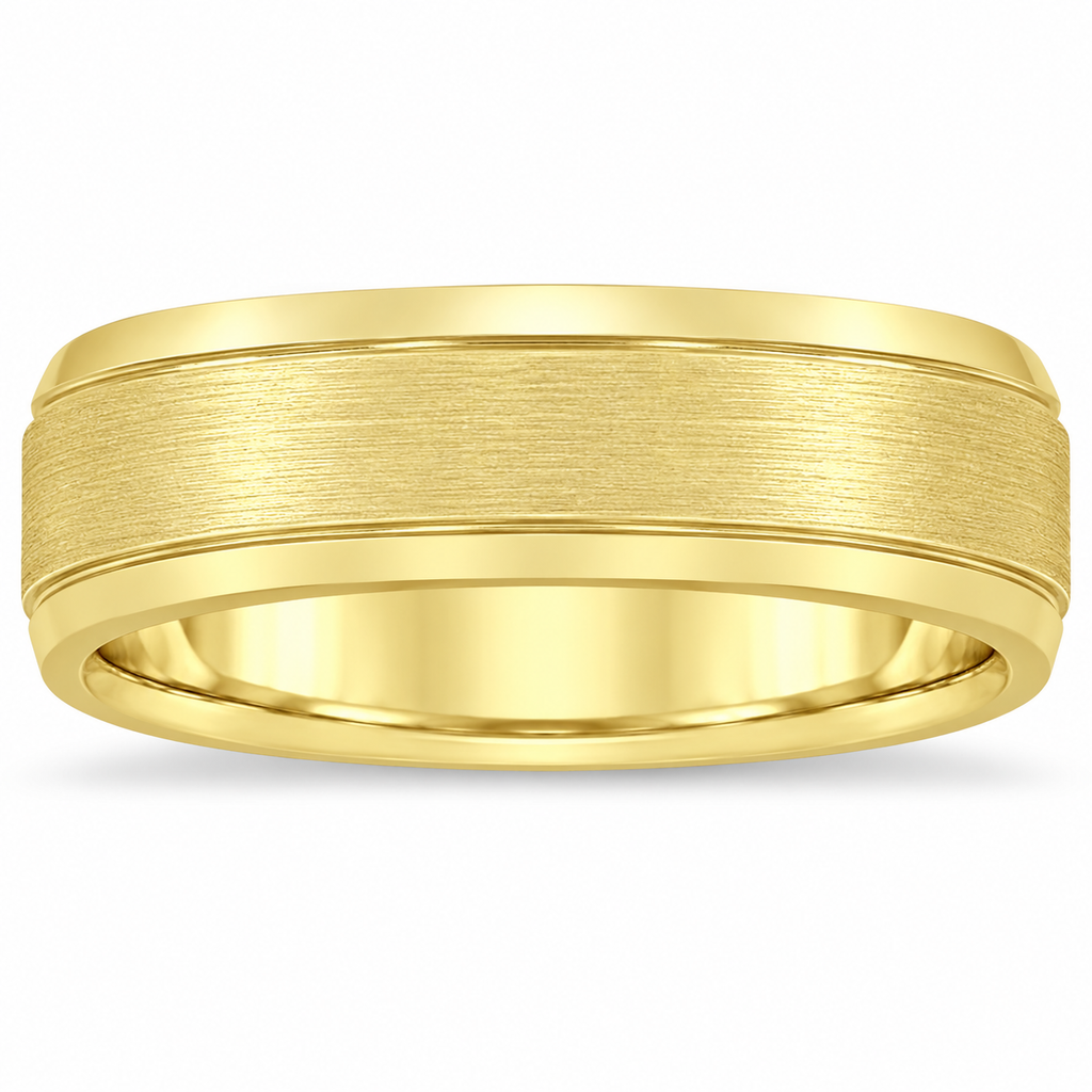 7 mm men's satin and polished carved wedding band in 14k yellow gold, front view