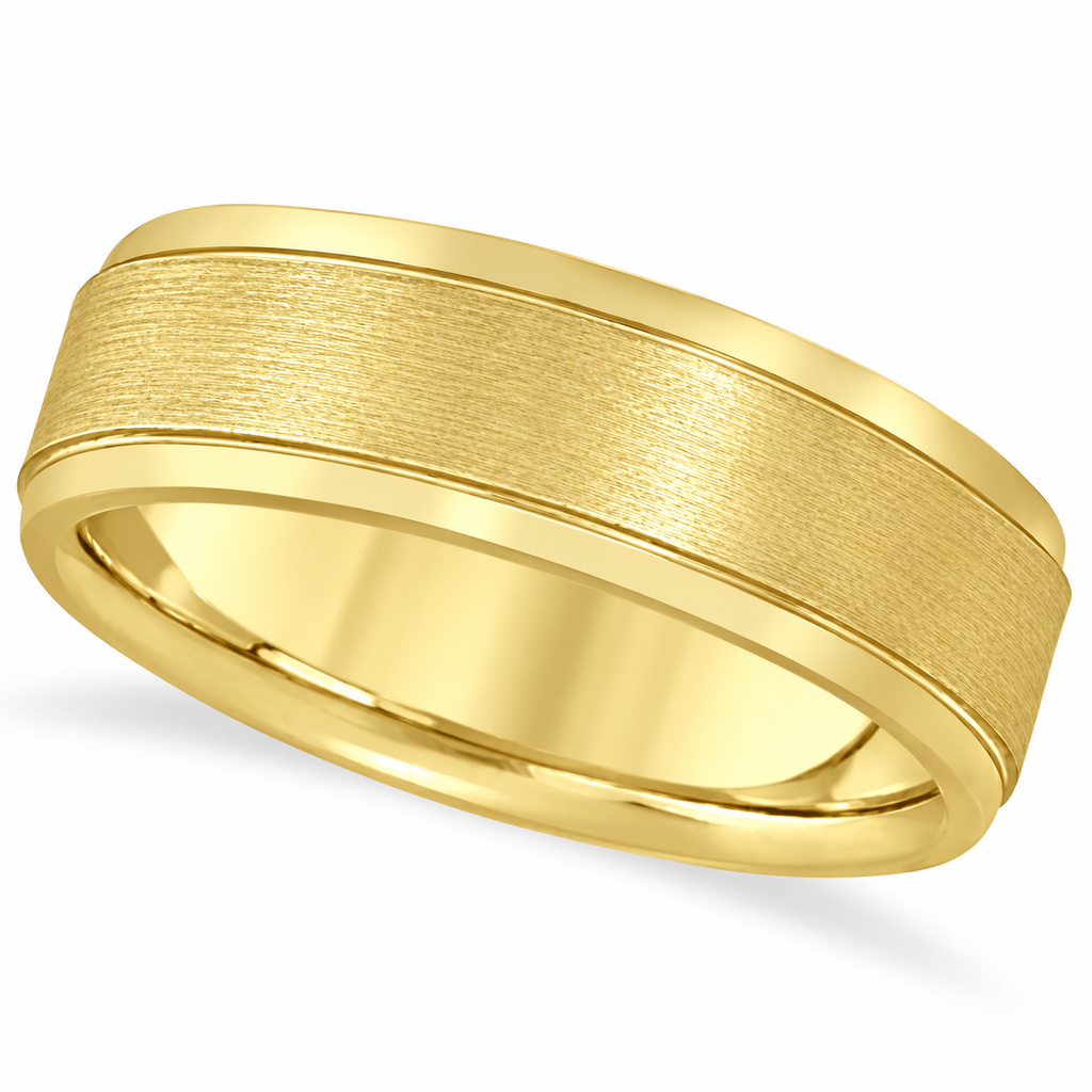 7 mm men's satin and polished carved wedding band in 14k yellow gold, hero view