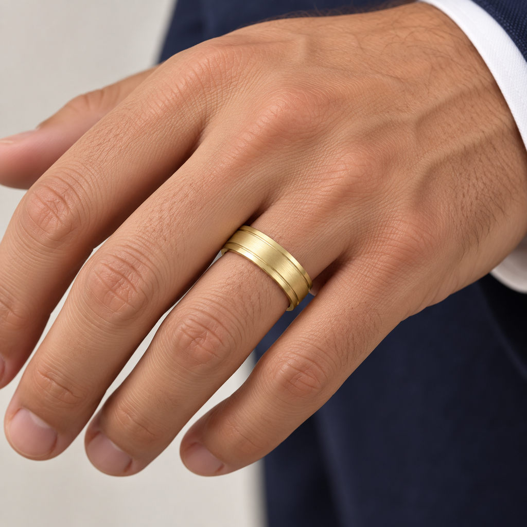 7 mm 14k yellow gold satin and polished carved wedding band on a man's ring finger