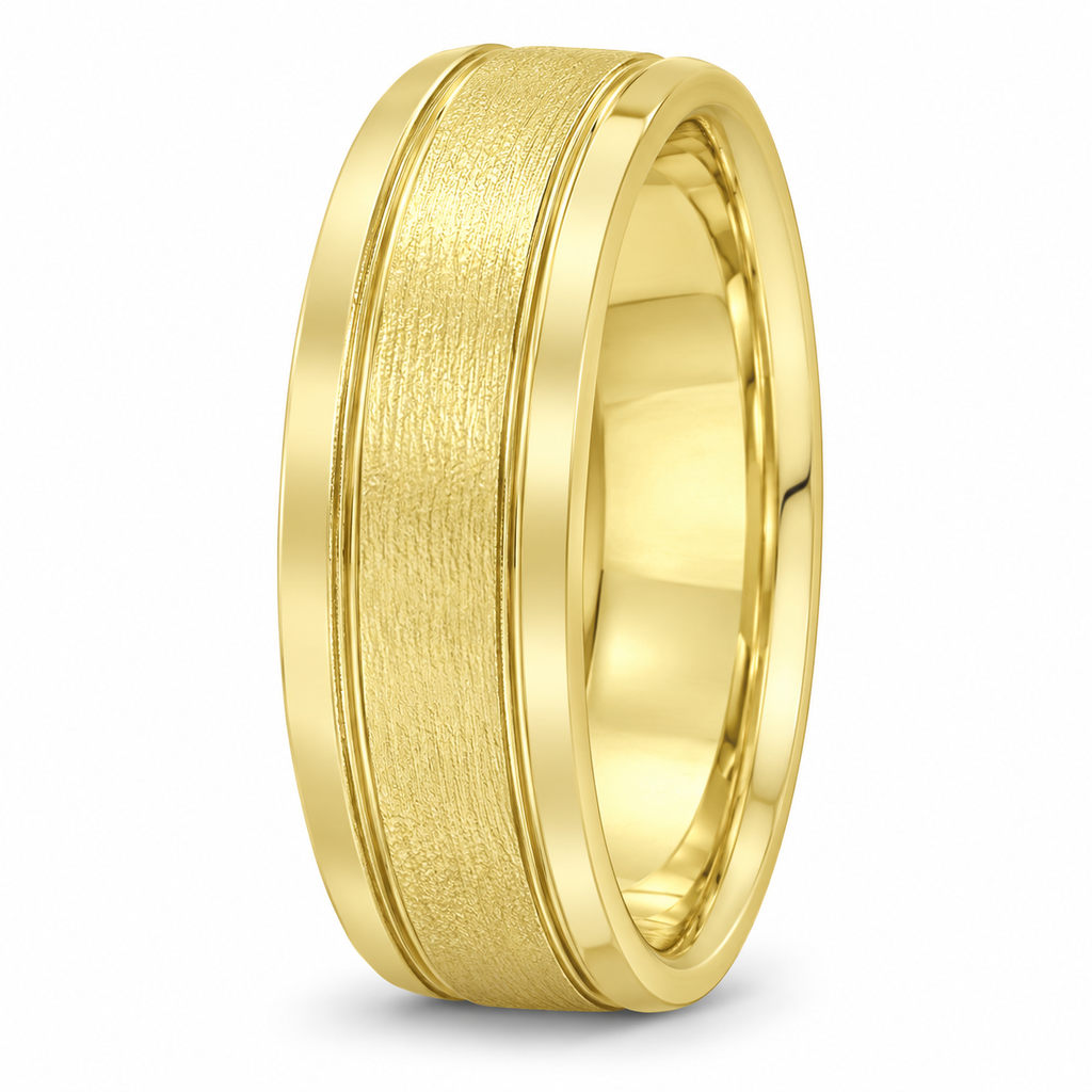 7 mm men's satin and polished carved wedding band in 14k yellow gold, side view