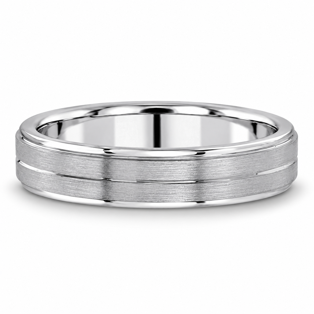 Carved 5mm 14k white gold men's wedding band, front alternative view