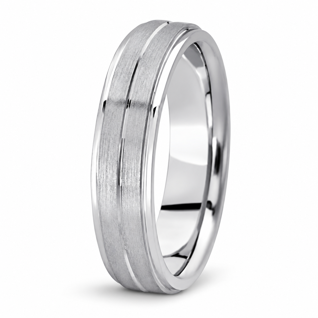 Carved 5mm 14k white gold men's wedding band, upright alternative view