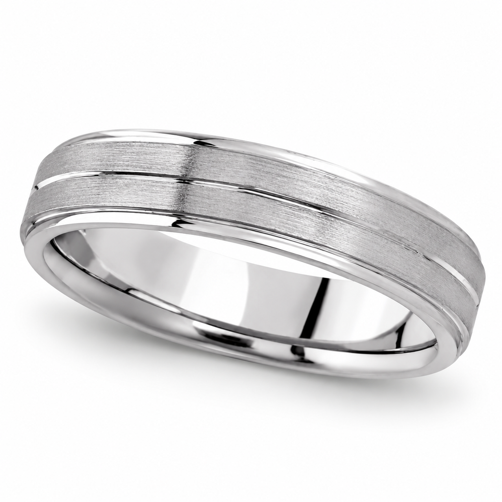 Carved 5mm 14k white gold men's wedding band, angled hero with natural shadow