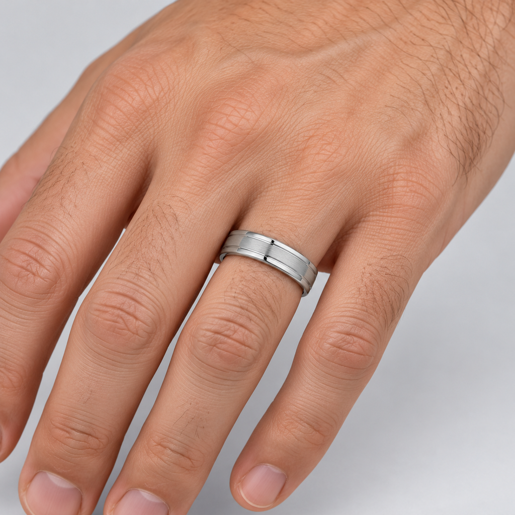 Carved 5mm 14k white gold men's wedding band on male ring finger