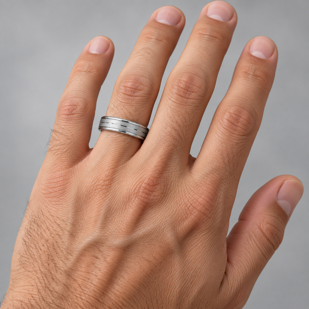 Carved Wedding Band in Palladium For Men (5mm) — Male hand wearing 5mm wedding band