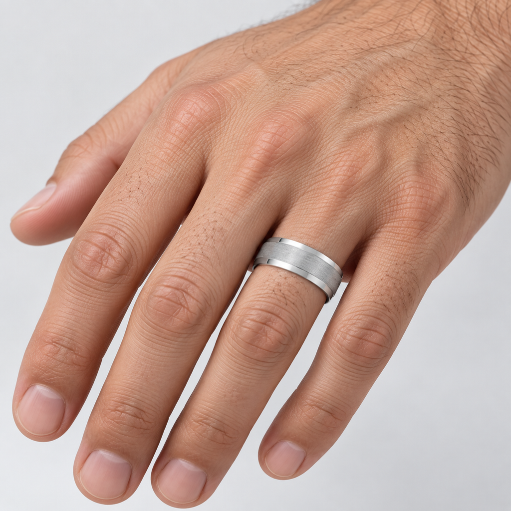 Comfort-Fit Carved Wedding Band in 14k White Gold (7mm) — Male hand wearing 7mm wedding band
