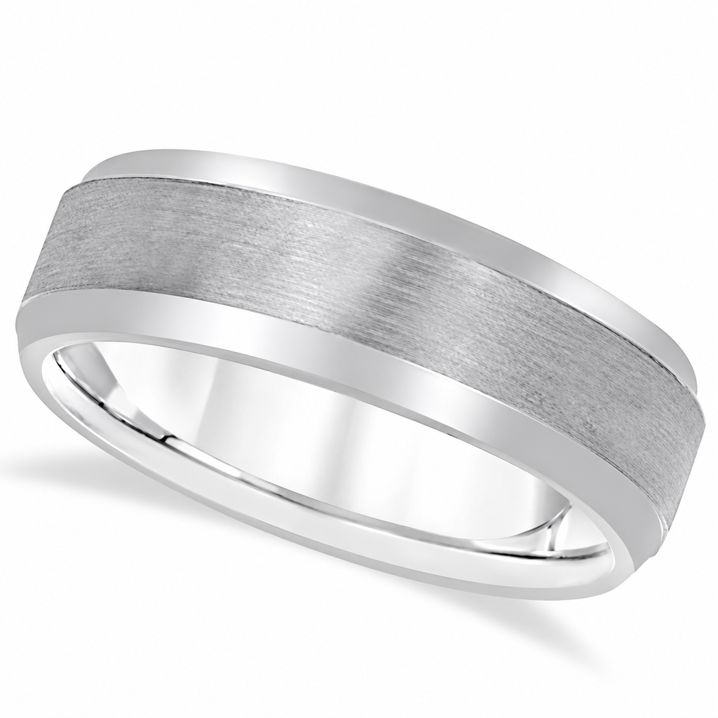 Comfort-Fit Carved Wedding Band in 14k White Gold (7mm) — Angled product view on white