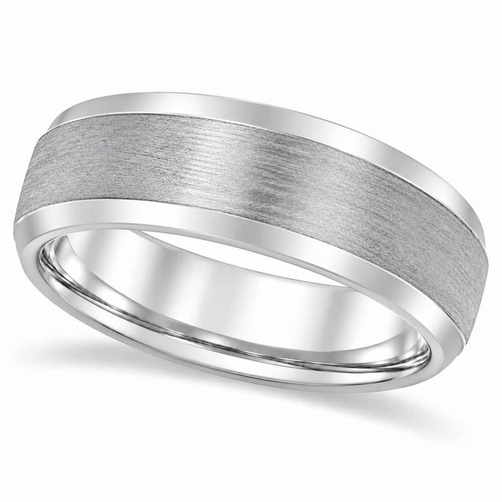 Comfort-Fit Carved Wedding Band in 14k White Gold (7mm) — upright reverse-oblique product hero with natural soft shadow