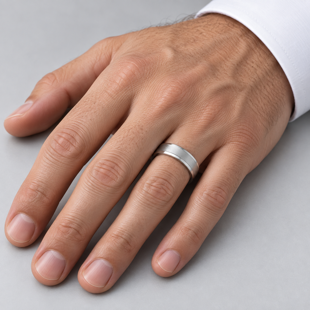 Comfort-Fit Carved Wedding Band in 18k White Gold (6mm) — male hand close-up