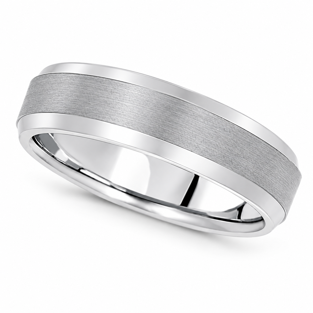 Comfort-Fit Carved Wedding Band in 18k White Gold (6mm) — angled product view on white
