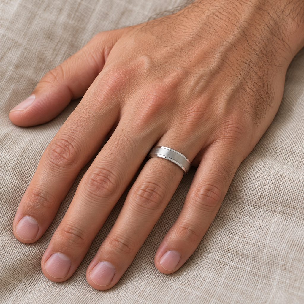 Comfort-Fit Carved Wedding Band in Palladium for Men (6mm) - male hand close-up