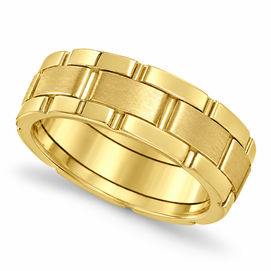UB194 14k yellow gold 8.5mm segmented wedding band, side three-quarter view