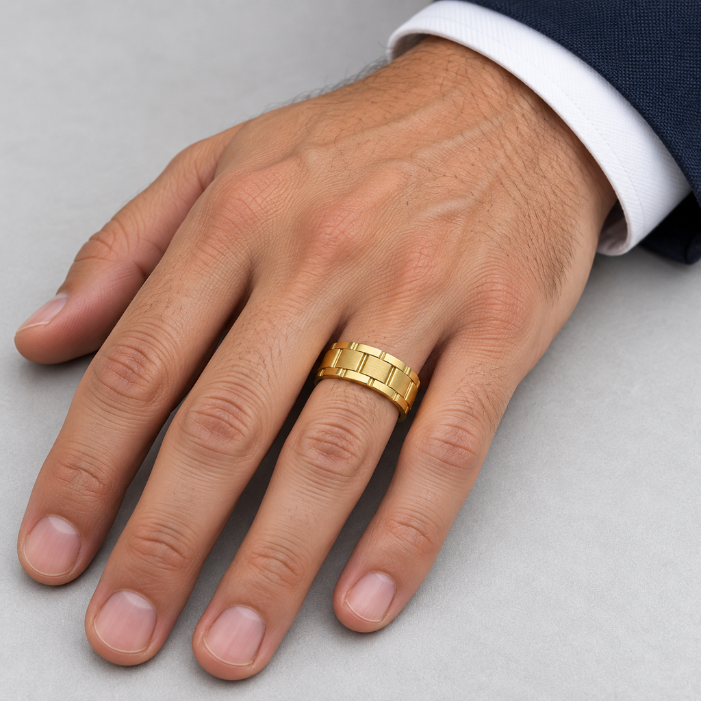 UB194 8.5mm segmented yellow gold wedding band on man's left ring finger
