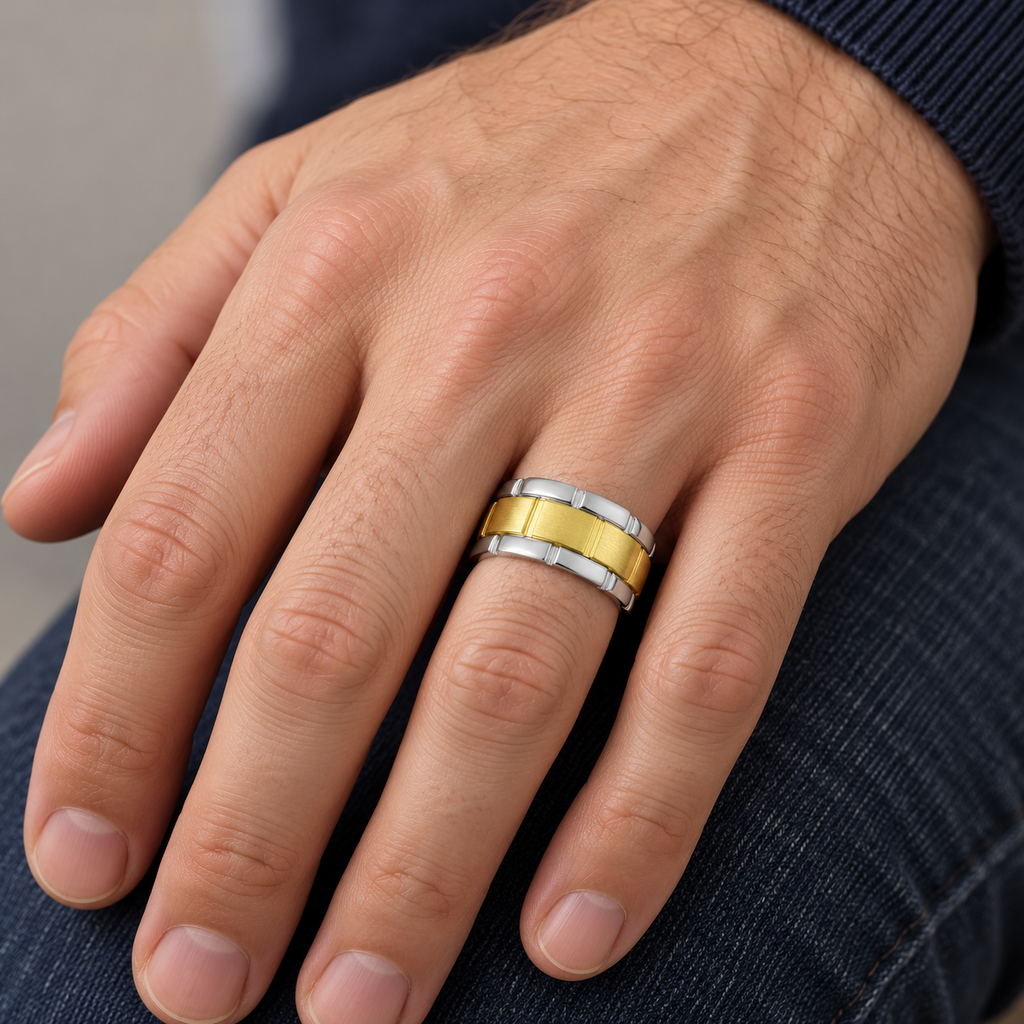 UB195 8.5mm two-tone wedding band on male hand