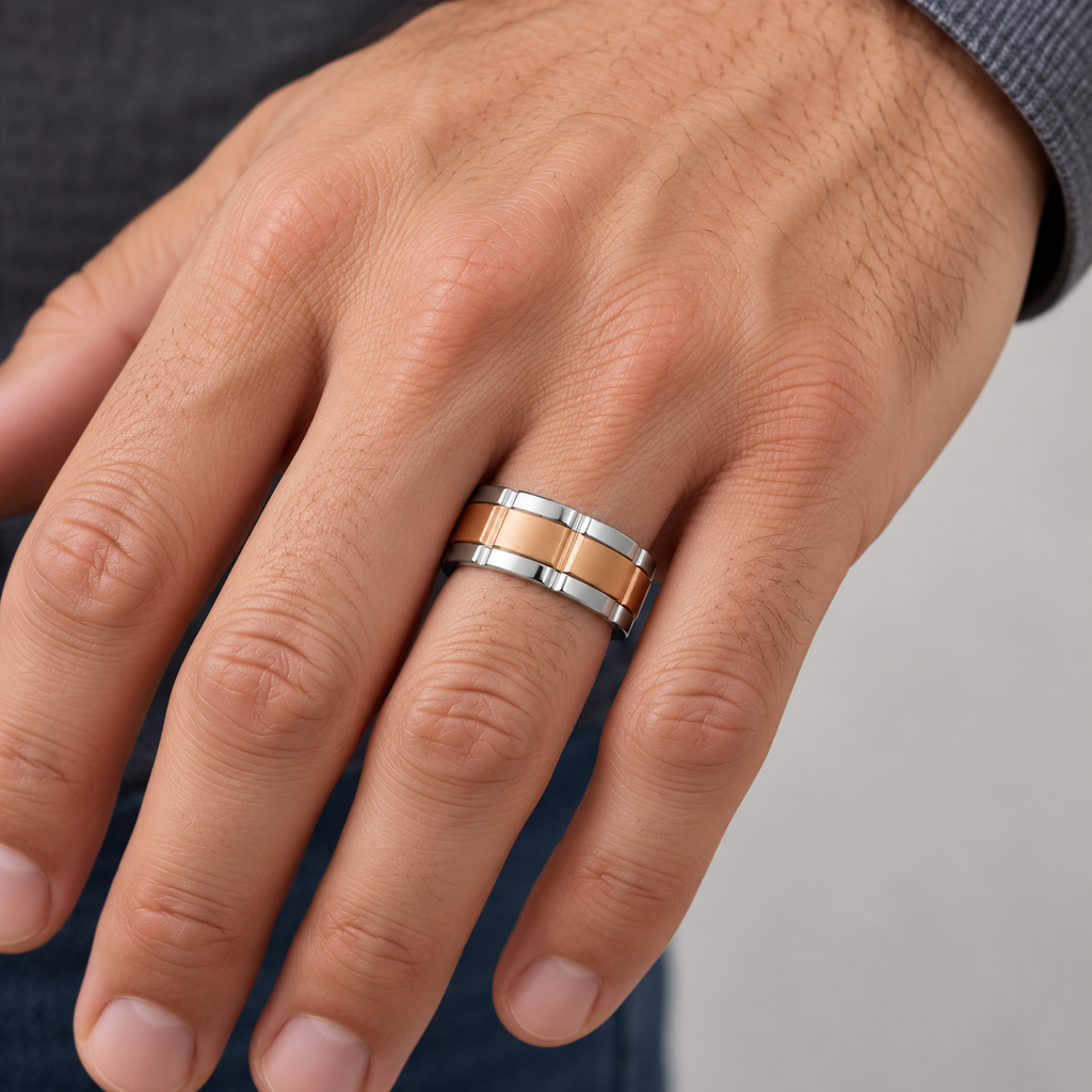 Comfort-Fit Two-Tone Wedding Band (8.5mm) — Male hand wearing 8.5mm wedding band
