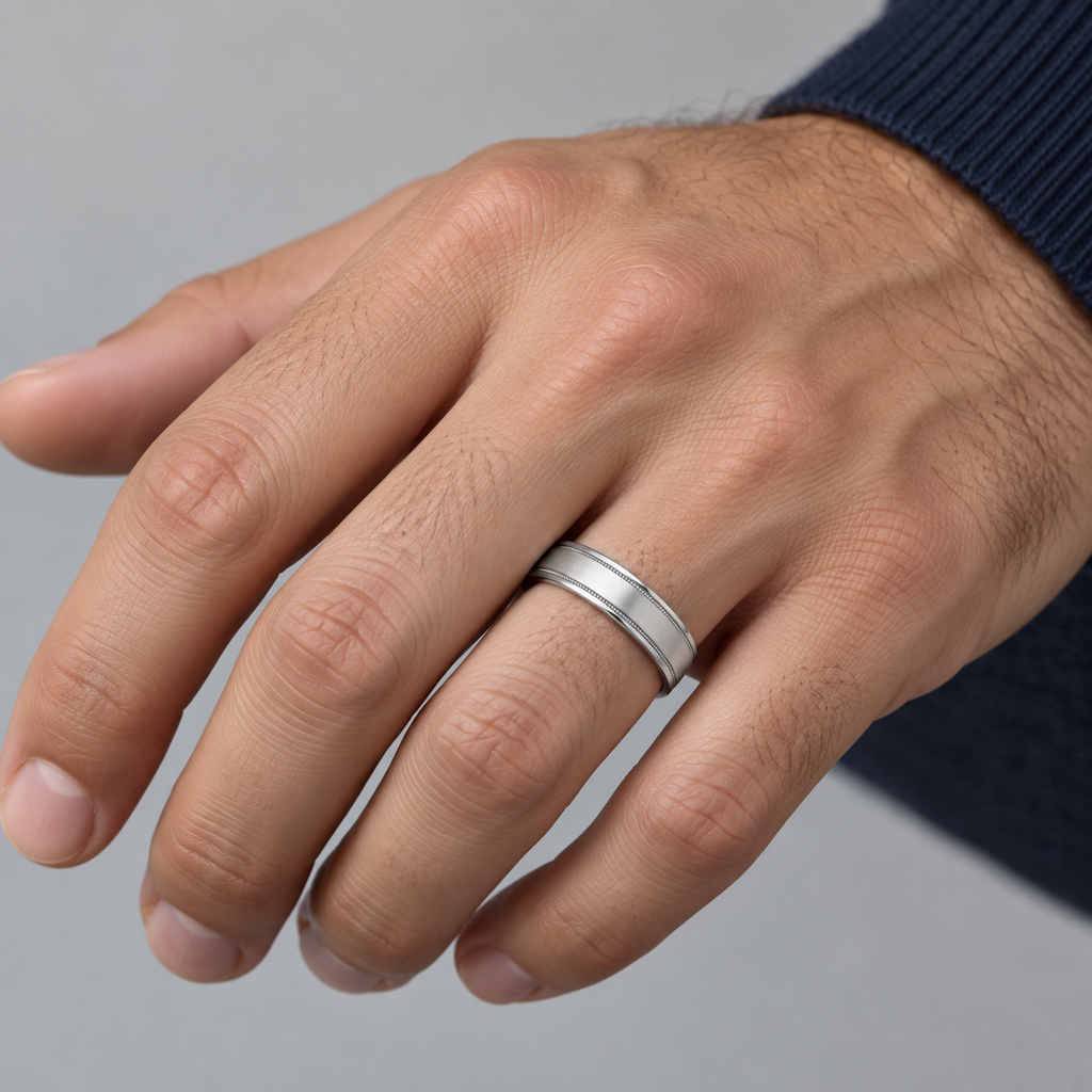 Man wearing 5mm 14k white gold carved wedding band
