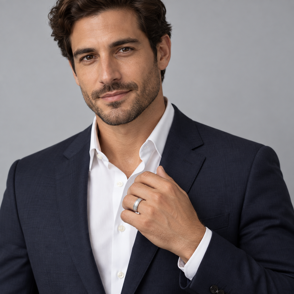 Male portrait wearing 5mm 14k white gold carved wedding band