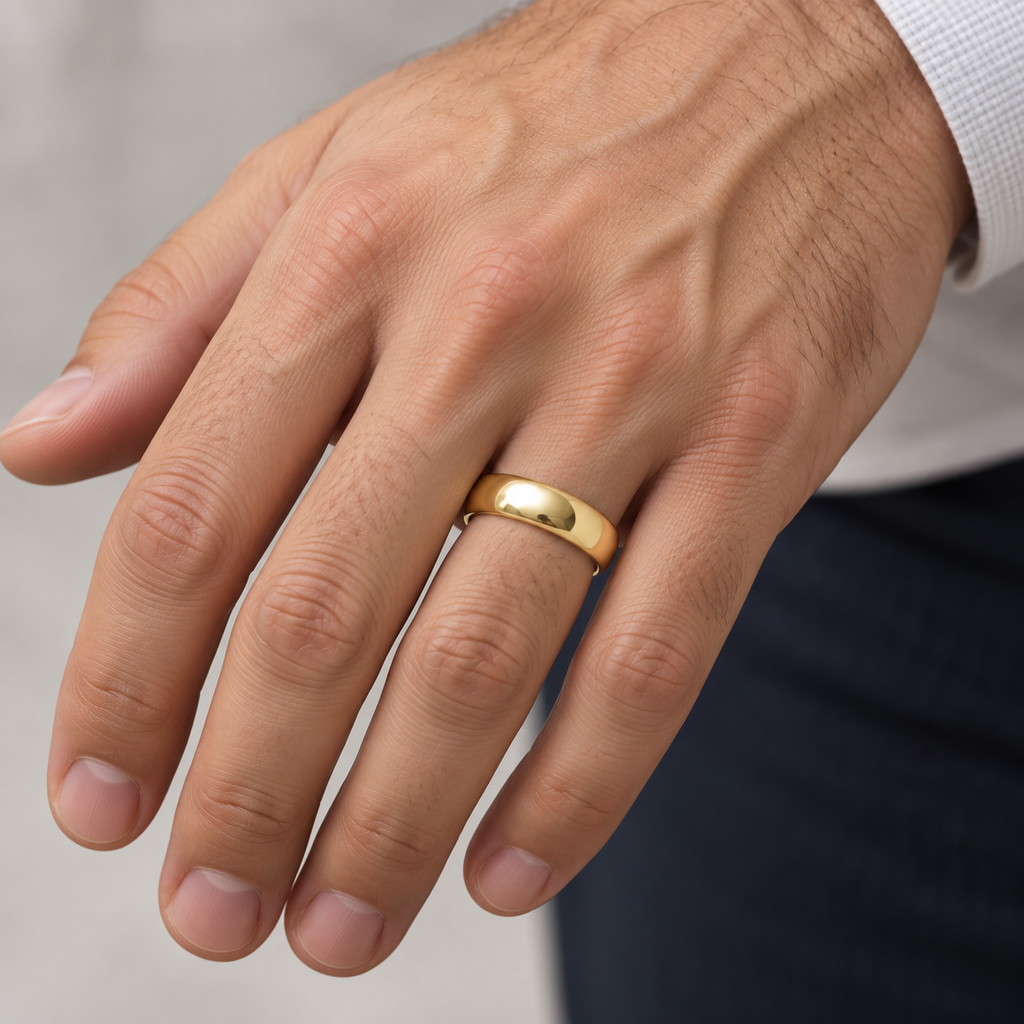 6mm 14k yellow gold dome comfort fit wedding band on a man's ring finger