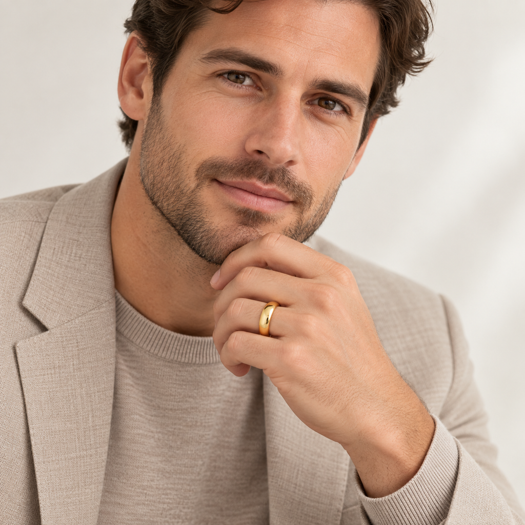 Man wearing a 6mm 14k yellow gold dome comfort fit wedding band