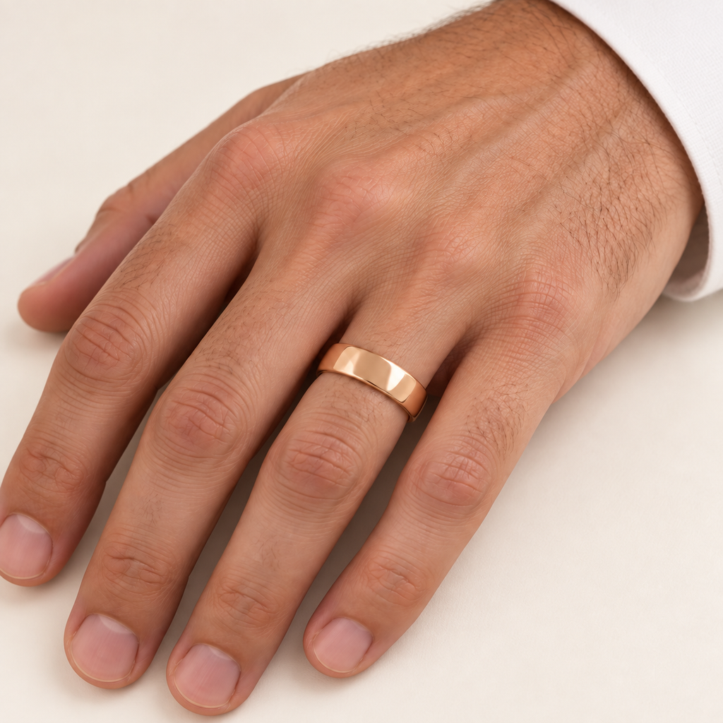 Dome Comfort Fit Wedding Ring Band 14k Rose Gold (6mm) — male hand close-up