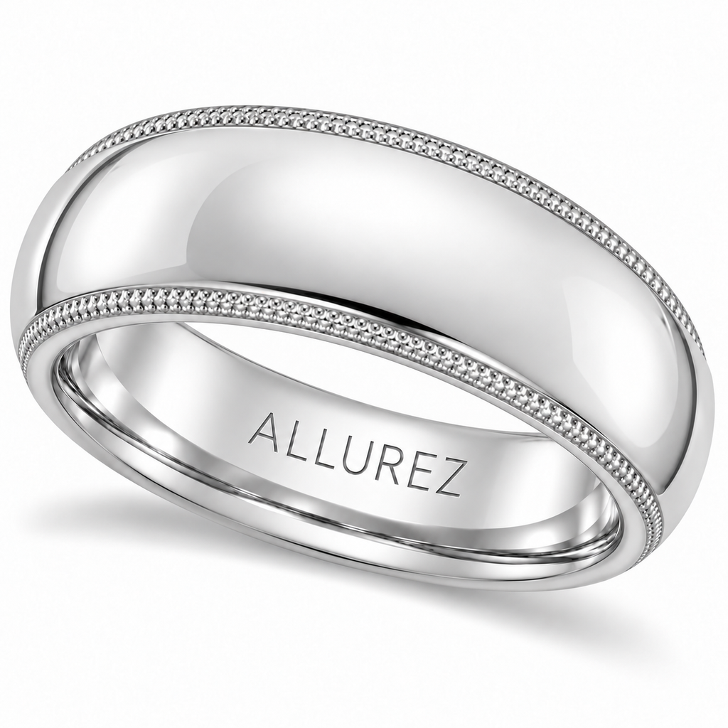 Men's Wedding Band Dome Comfort-Fit Milgrain 18k White Gold (6 mm), polished dome milgrain hero on white with natural soft shadow