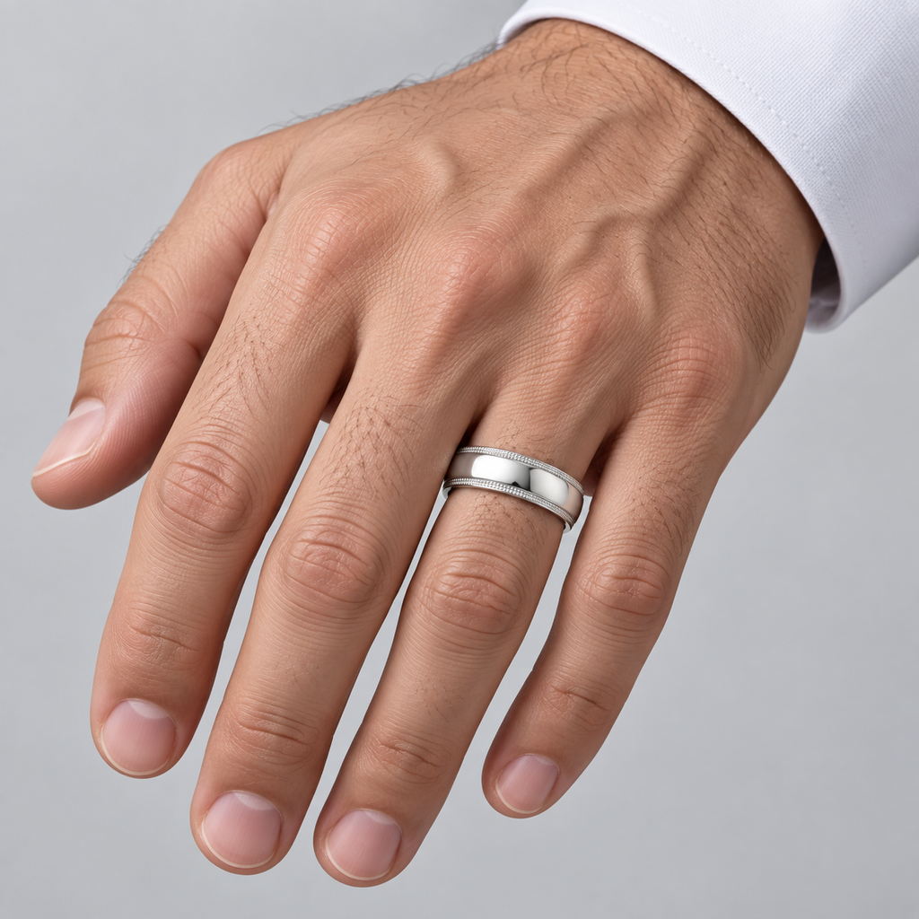 Men's Wedding Band Dome Comfort-Fit Milgrain 18k White Gold (6 mm) — male hand