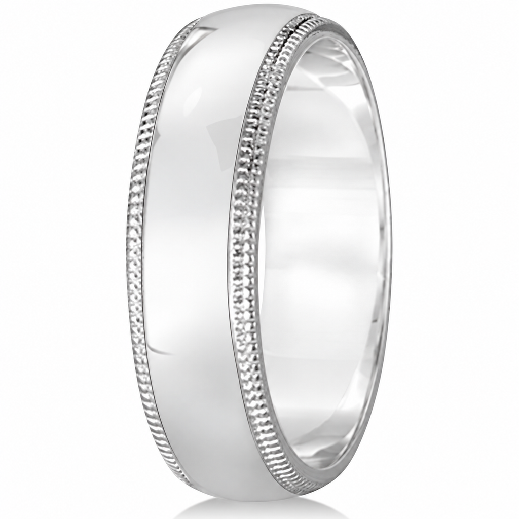 Men's Wedding Band Dome Comfort-Fit Milgrain 18k White Gold (6 mm) — side