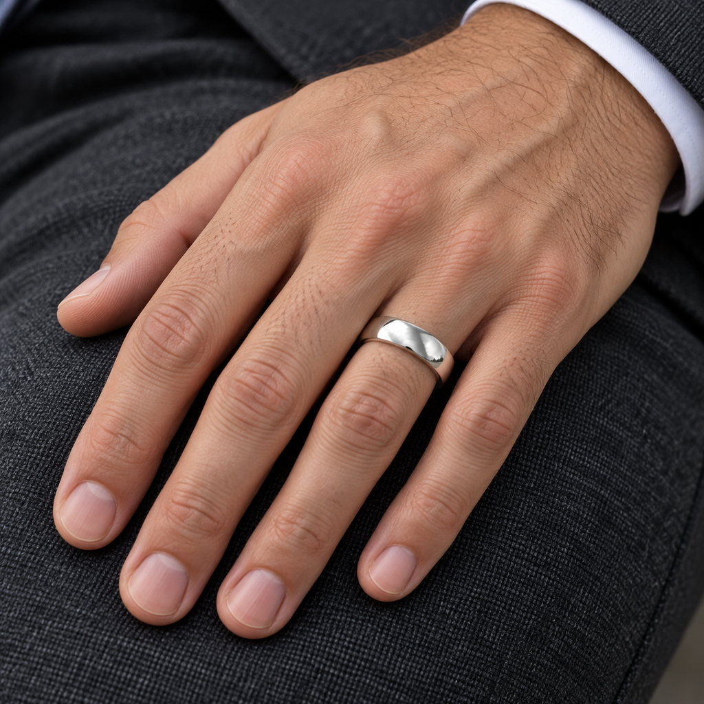 Dome Comfort Fit Wedding Ring Band Palladium (6mm) - Male hand wearing wedding band