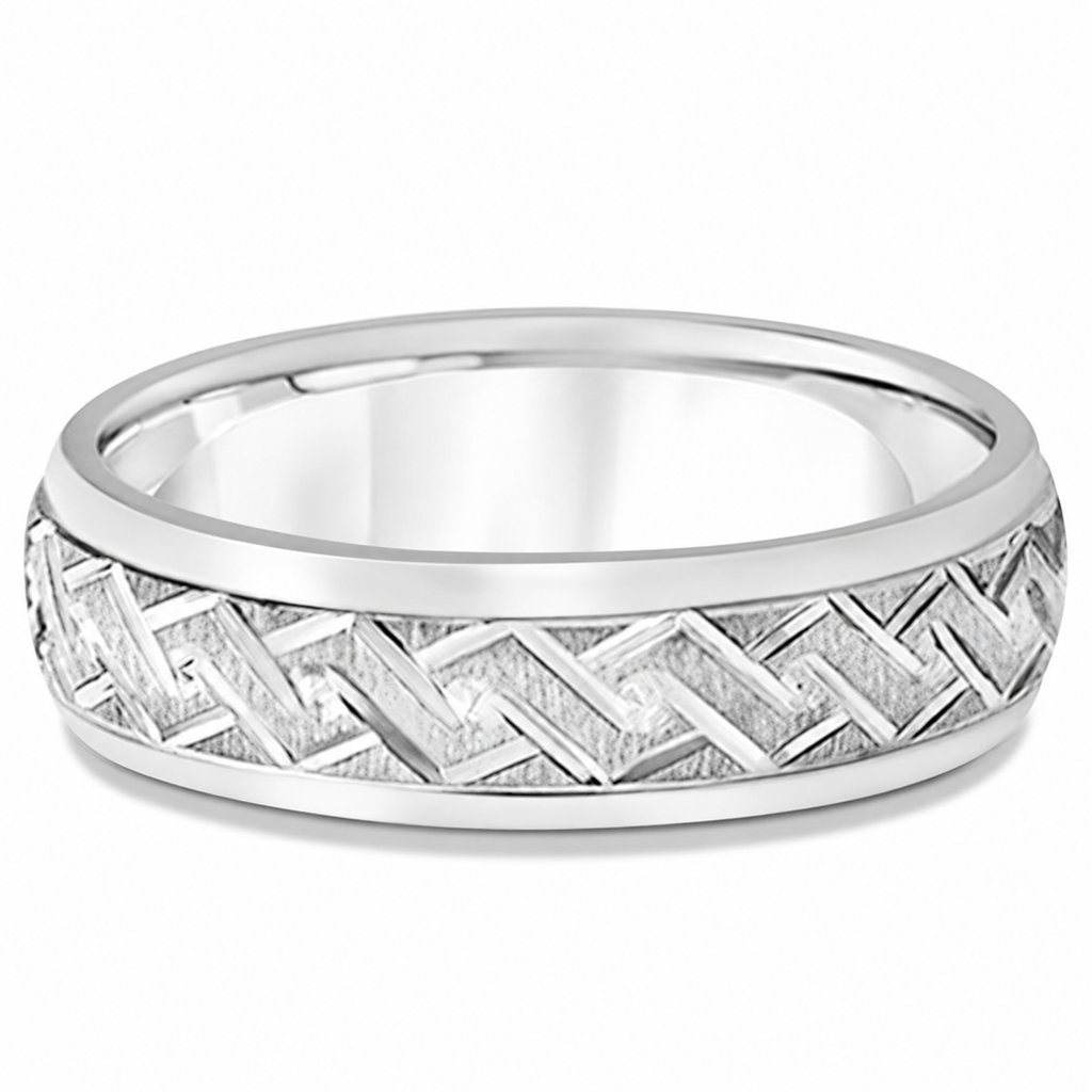 Men's Fancy Carved Comfort-Fit Wedding Band 14k White Gold (5mm) — Front alternative view, legacy logo removed