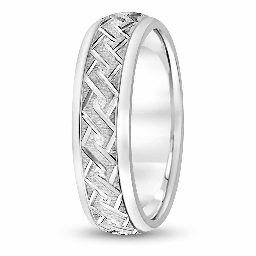 Men's Fancy Carved Comfort-Fit Wedding Band 14k White Gold (5mm) — Upright side view with natural shadow