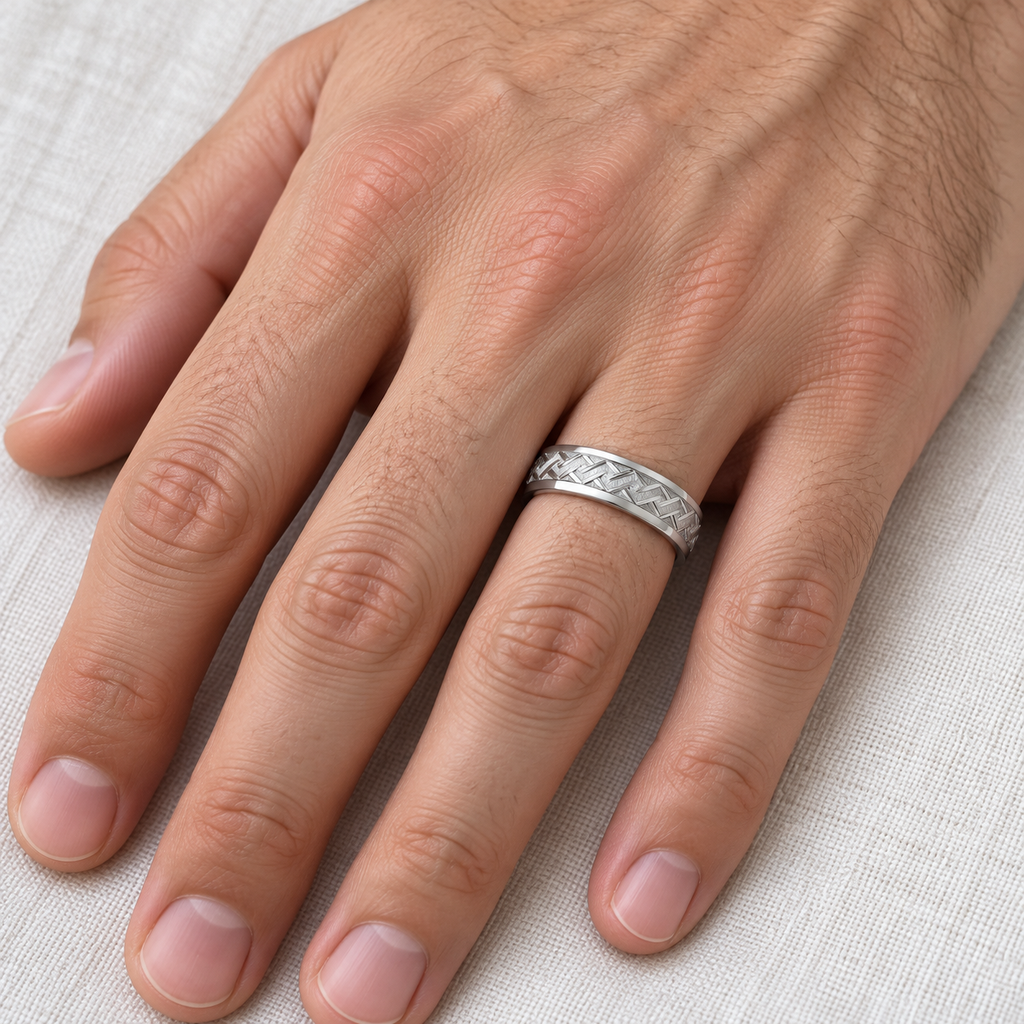 Men's Fancy Carved Comfort-Fit Wedding Band 14k White Gold (5mm) — Male hand wearing 5mm wedding band