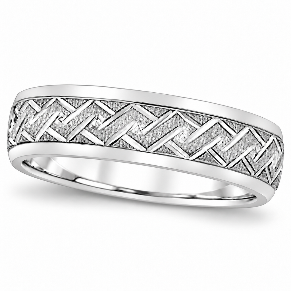 Men's Fancy Carved Comfort-Fit Wedding Band 14k White Gold (5mm) — Gentle angled product view on white with natural shadow