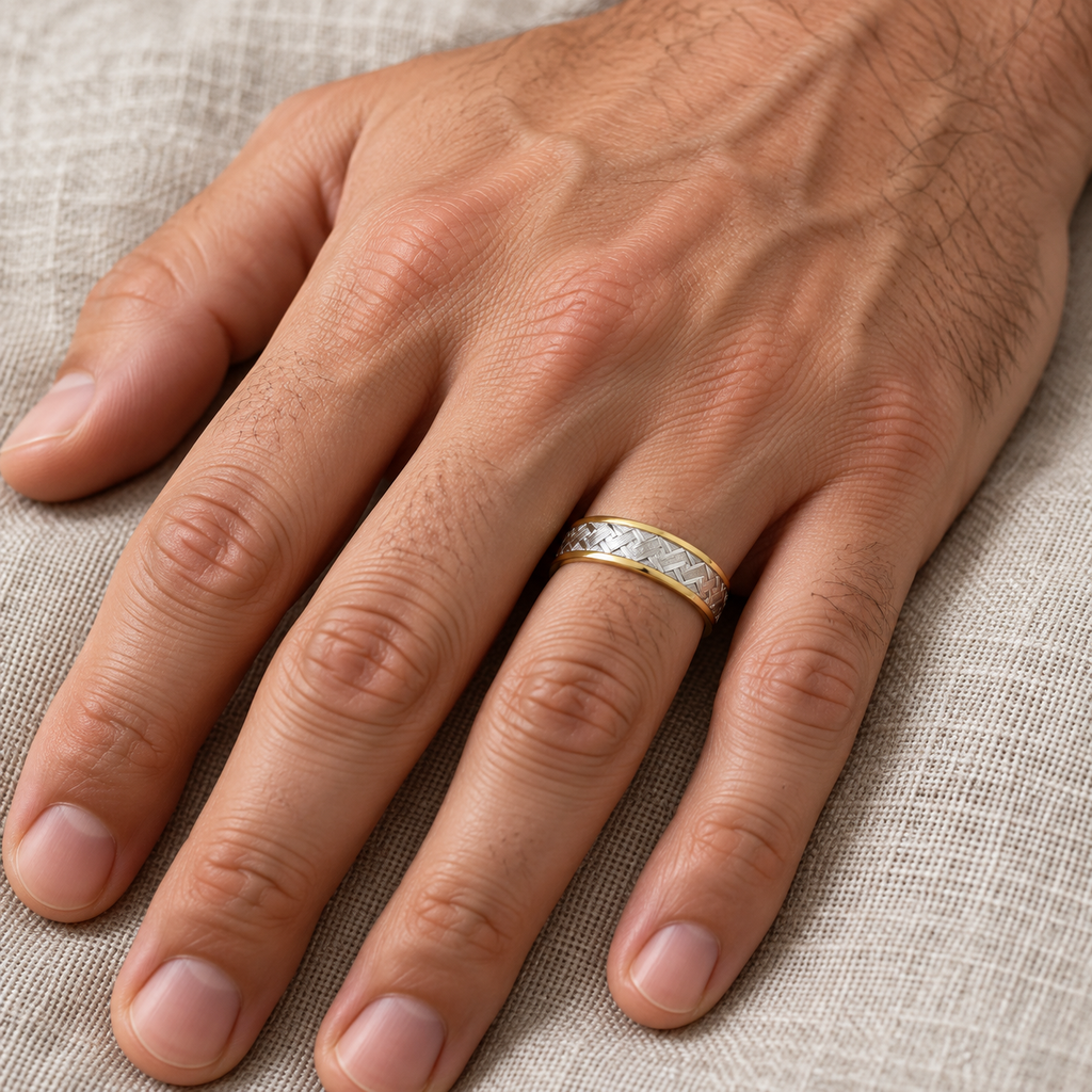 Men's Carved 14k Two-Tone Wedding Band (5mm) - male hand close-up