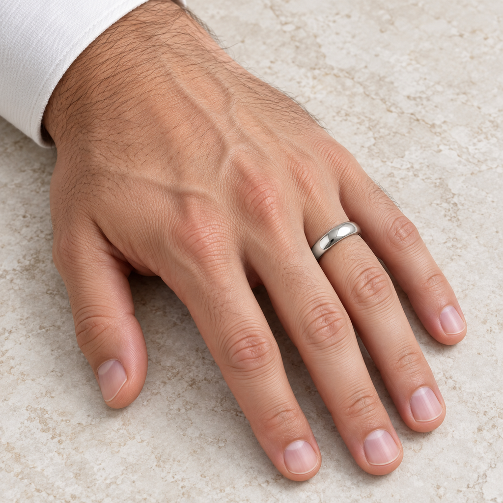 Dome Comfort Fit Wedding Ring Band 18k White Gold (5mm) - Male hand wearing wedding band