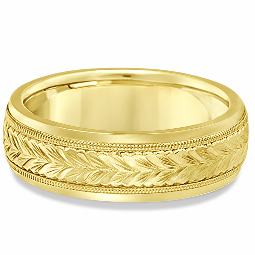 4.5mm hand-engraved 14k yellow gold wedding band — horizontal alternate view without legacy logo