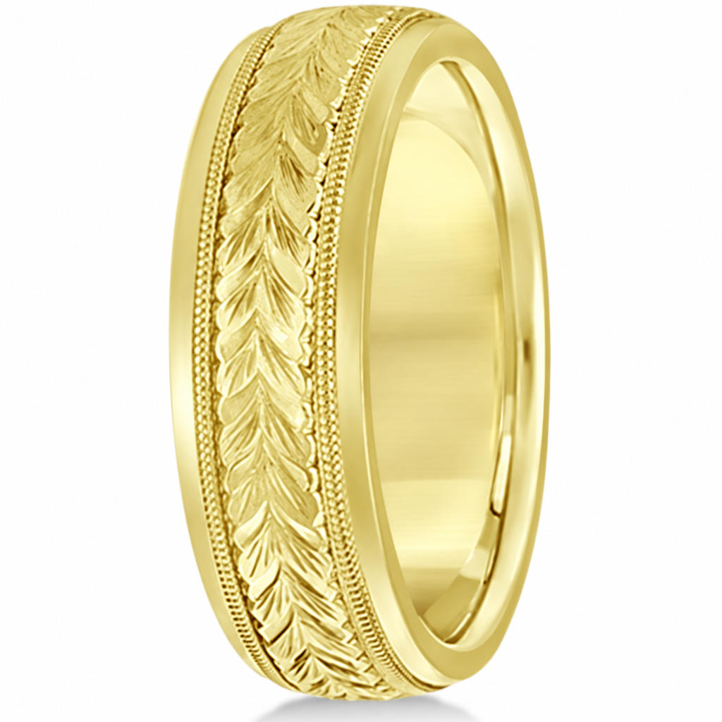4.5mm hand-engraved 14k yellow gold wedding band — upright alternate view without legacy logo