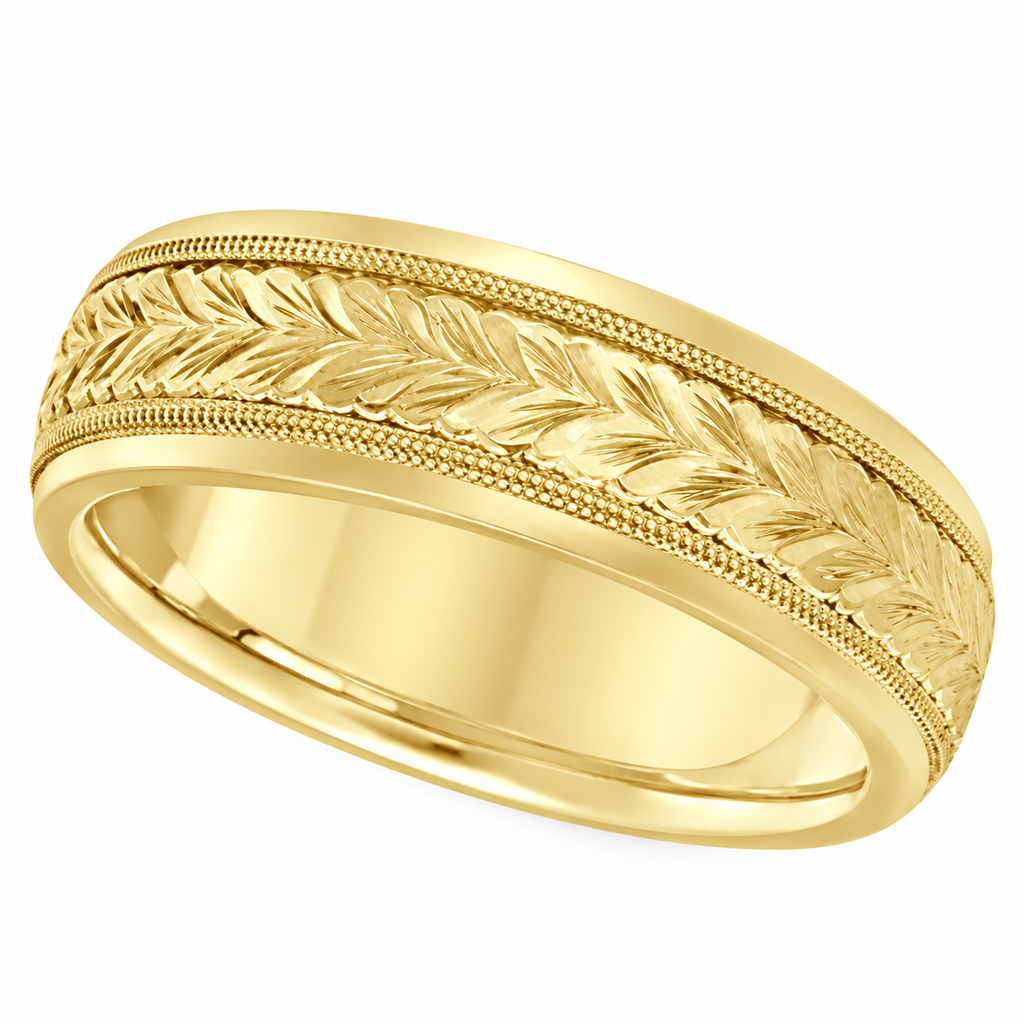 Hand Engraved Wedding Band Carved Ring in 14k Yellow Gold (4.5mm) — Angled product view on white