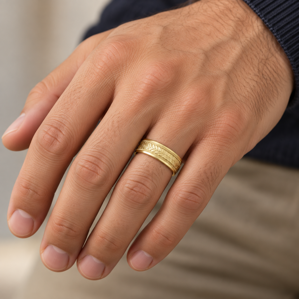 Hand Engraved Wedding Band Carved Ring in 14k Yellow Gold (4.5mm) — Male hand wearing wedding band