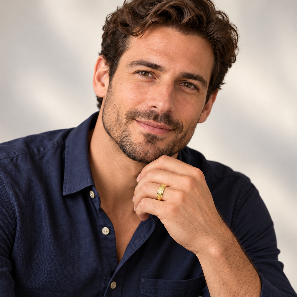 Male portrait wearing 4.5mm hand-engraved 14k yellow gold wedding band in studio